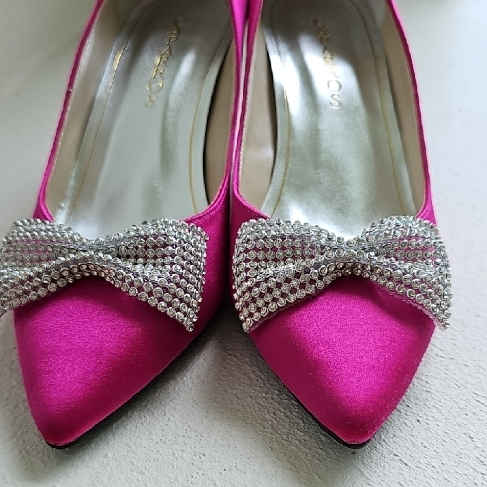 Caparros Fuchsia Satin Heels with Rhinestone Bow - Picture 8 of 9